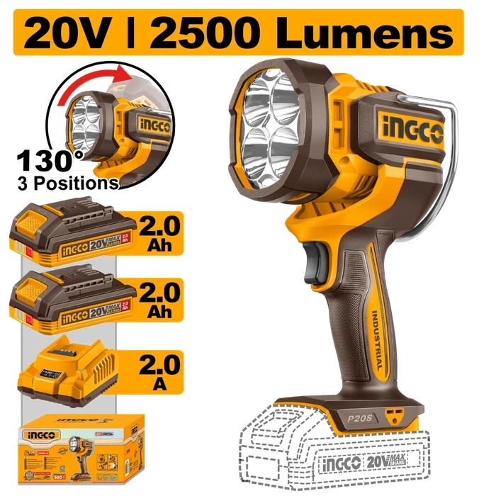 INGCO 20V Cordless 22.5W LED Work Lamp (2500 Lumens, 130° Swivel Head, 3 Modes) with 2x 2.0Ah Batteries & Fast Charger | CWLI20887