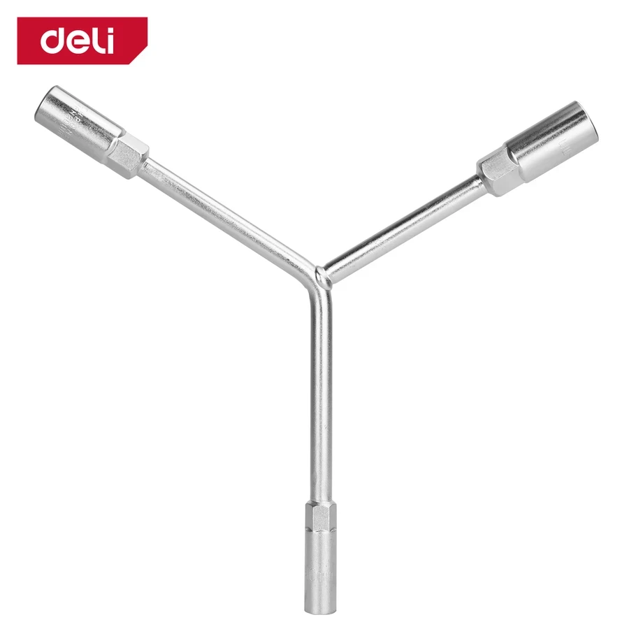 Deli 10-12-14mm 3-Way Y-Type Socket Wrench | Heavy-Duty Chrome Vanadium (Cr-V) Steel 6-Point Sockets with Mirror Chrome Finish for Automotive & Bike Repair (Silver) | EDL101214