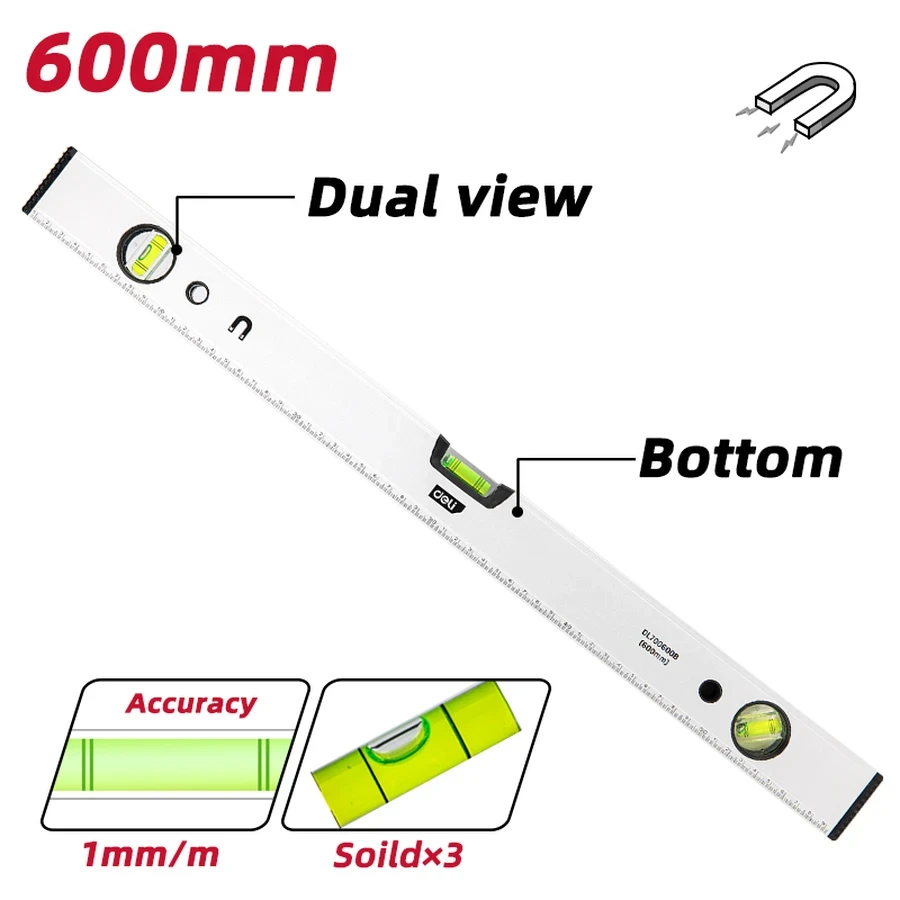 Deli 600mm (24") Professional Magnetic Aluminum Spirit Level | Heavy-Duty 1mm/m High-Precision Leveling Bar with CNC Vials & Shock-Absorbing Rubber Caps | EDL700600B