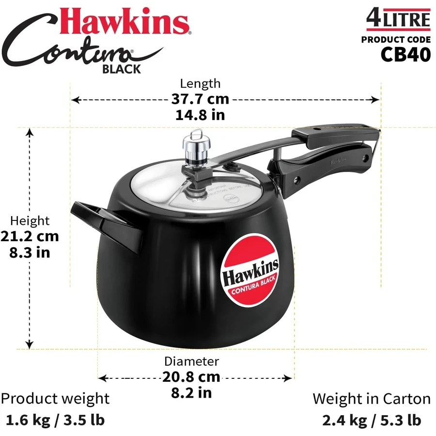 Hawkins Contura Black Pressure Cooker | Hard Anodised Body | Stainless Steel Lid | Rapid Heating Black Base | 1.5L to 5L