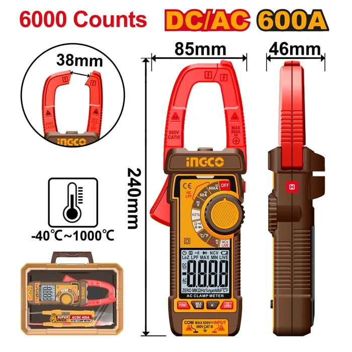 INGCO True RMS 6000 Counts AC/DC Digital Clamp Meter | 600A Current & 600V Voltage Professional Diagnostic Multimeter | LPF VFD Inrush Current & NCV Tester | DCM66002