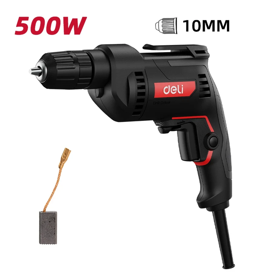 Deli 500W Professional 10mm Electric Drill | 0–3,300 RPM Stepless Variable Speed Pure Copper Motor with Keyless Chuck & Soft Rubberized Handle (Red) | EDE-DZ10-1E