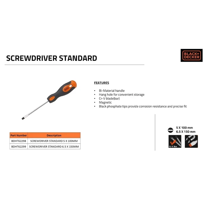 BLACK+DECKER 6.5 x 150mm Alloy Steel Standard Slotted Flathead Screwdriver | Long-Reach High-Torque Ergonomic Fastening Tool | BDHT62299