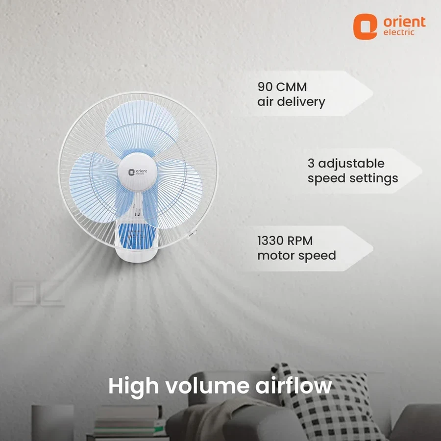 Orient Wall-49 Wall Fan 400mm | 58W Efficient Motor | 1330 RPM | 90 CMM High Air Delivery | White