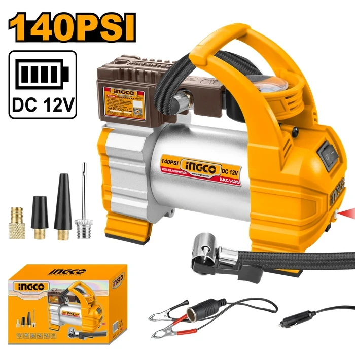 INGCO 12V Professional 140 PSI Auto Air Compressor | Heavy-Duty 35L/min Portable Tire Inflator with Integrated Work Light & Battery Clips | AAC1408