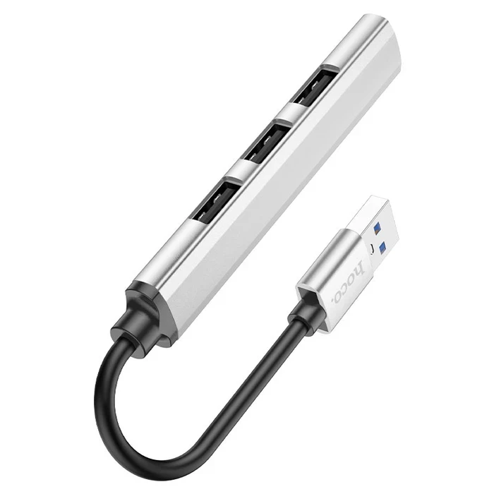 Hoco 4-in-1 Standard USB Hub Adapter | High-Velocity USB 3.0 & Triple USB 2.0 Port Matrix | 1TB Hard Drive Expansion Support | HB26 Silver