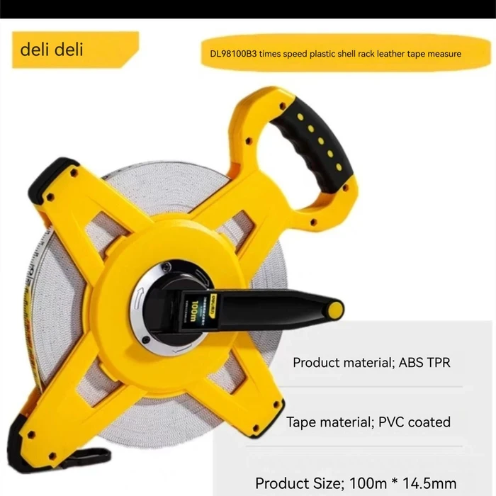 Deli Tools 50m Fiberglass Measuring Tape | ABS+TPR Shock-Absorbing Closed Molded Shell | 14.5mm Stretch-Resistant Blade | DL98050B
