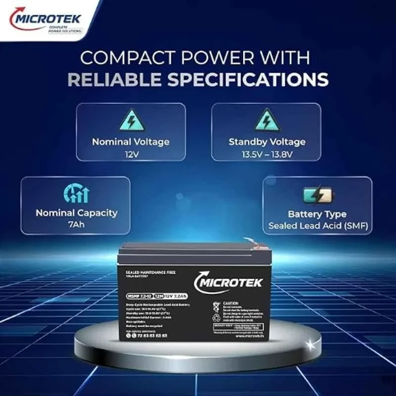 Microtek 12V 7.2Ah Sealed Maintenance Free SMF Rechargeable UPS Battery | 6-Hour Rapid Recovery Lead Acid Power Cell for Backup Power Systems | MSMF 7.2-12