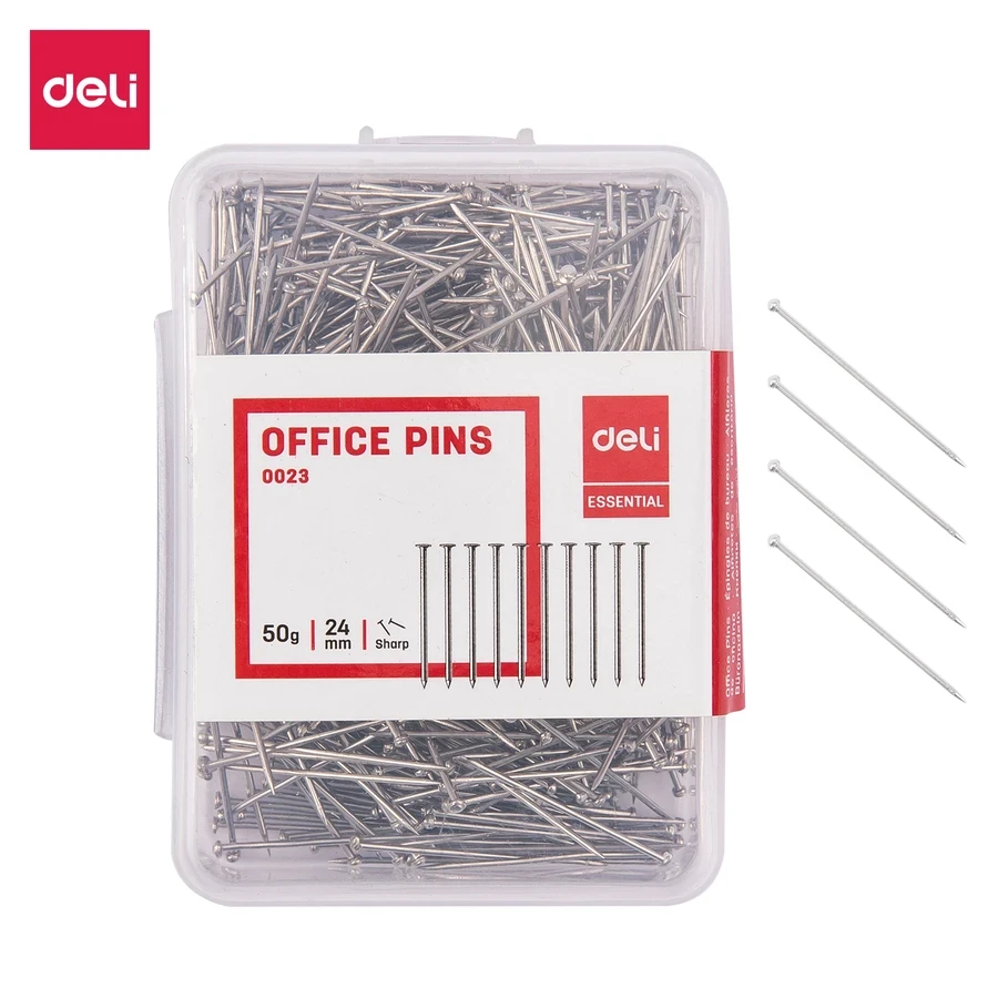 Deli Standard Office Straight Pins (24mm / 1 Inch) | Nickel-Plated Rustproof Steel Pins for Corkboards & Paper Fastening (Silver) | E0023