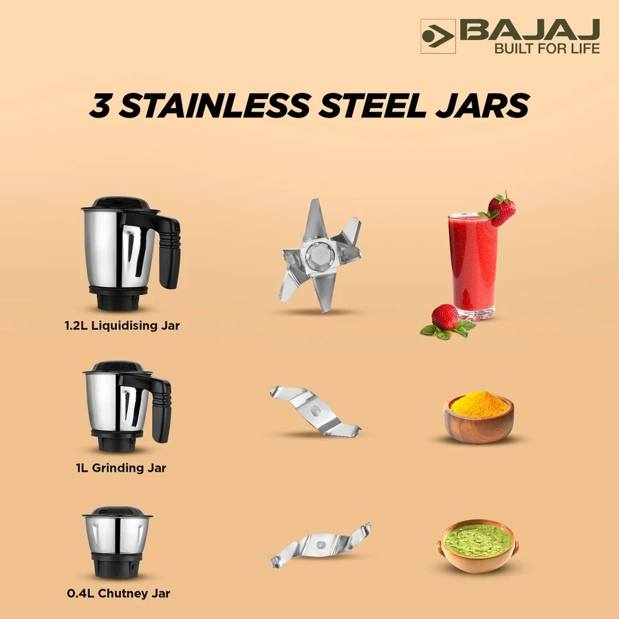 Bajaj Military Series Finesse 750W Mixer Grinder | Stainless Steel Jars & Portable Design | Midnight Black & Copper | 410592