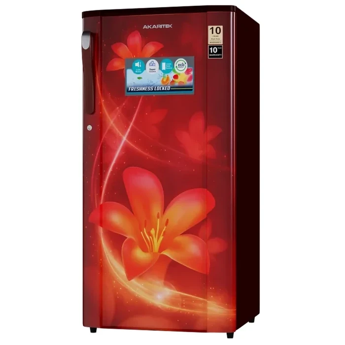 Akaritek 180L & 200L Single Door Refrigerator | A++ Energy Saving | Red Floral PCM Finish | Toughened Glass Shelves | Anti-Bacterial Gasket | R600a Refrigerant | AK-RS180RE & AK-RS200RE