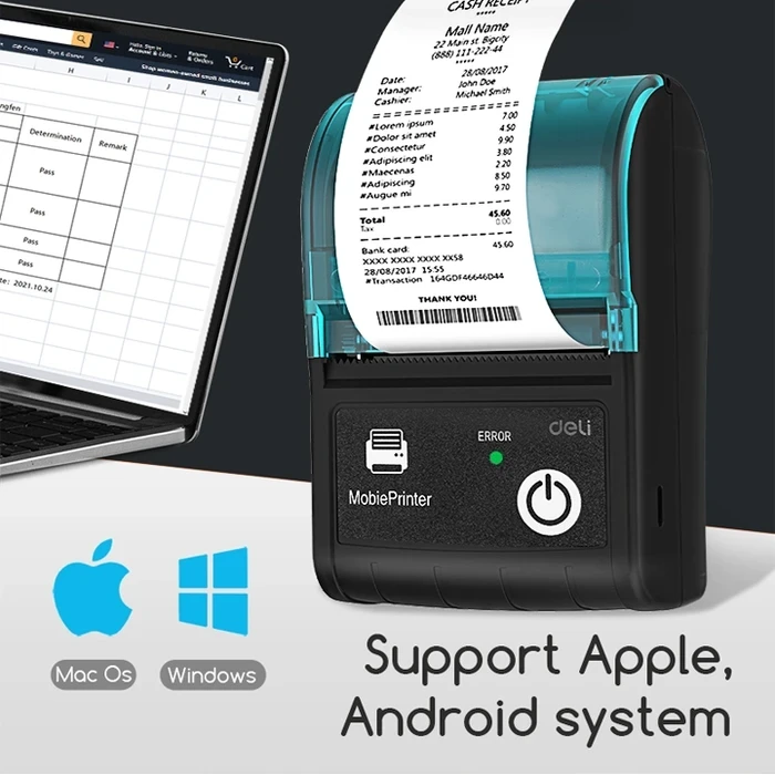 DELI 2.0" Portable Wireless Direct Thermal Receipt Printer | 60mm/s 203 DPI Bluetooth & USB Type-C Mobile POS Billing Machine | ES421