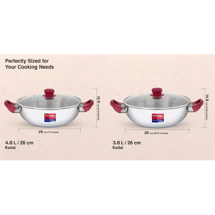 Prestige Platina Popular Stainless Steel Induction Base Kadai with Tempered Glass Lid (26 CM / 3.8L & 28 CM / 4.6L) | Gas & Induction Compatible - Model 36887 / 36888