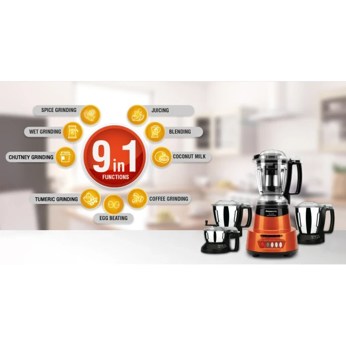 Panasonic 600W Elements Mixer Grinder with 3 Stainless Steel Jars & 1 Juicer Jar | Safety Lock Overload Protection | Wet Dry Blending Chutney Grinding Quartz Yellow/Rustic Red/Sunstone Orange/Charcoal