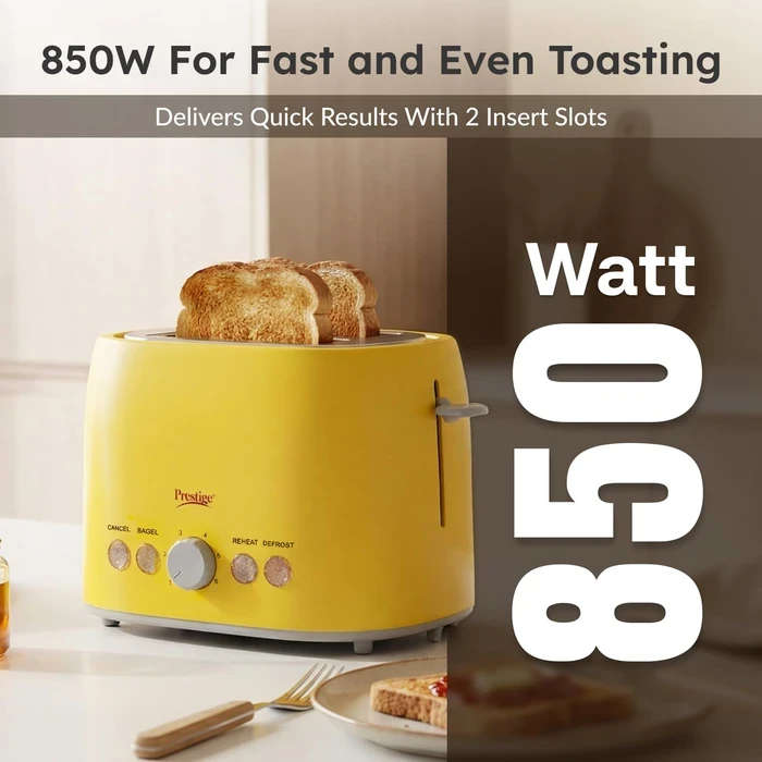 Prestige PPTPKY 850W 2-Slice Pop-Up Toaster with 6 Browning Levels & Defrost/Reheat Functions | Cool-Touch Yellow Body - Model 41703