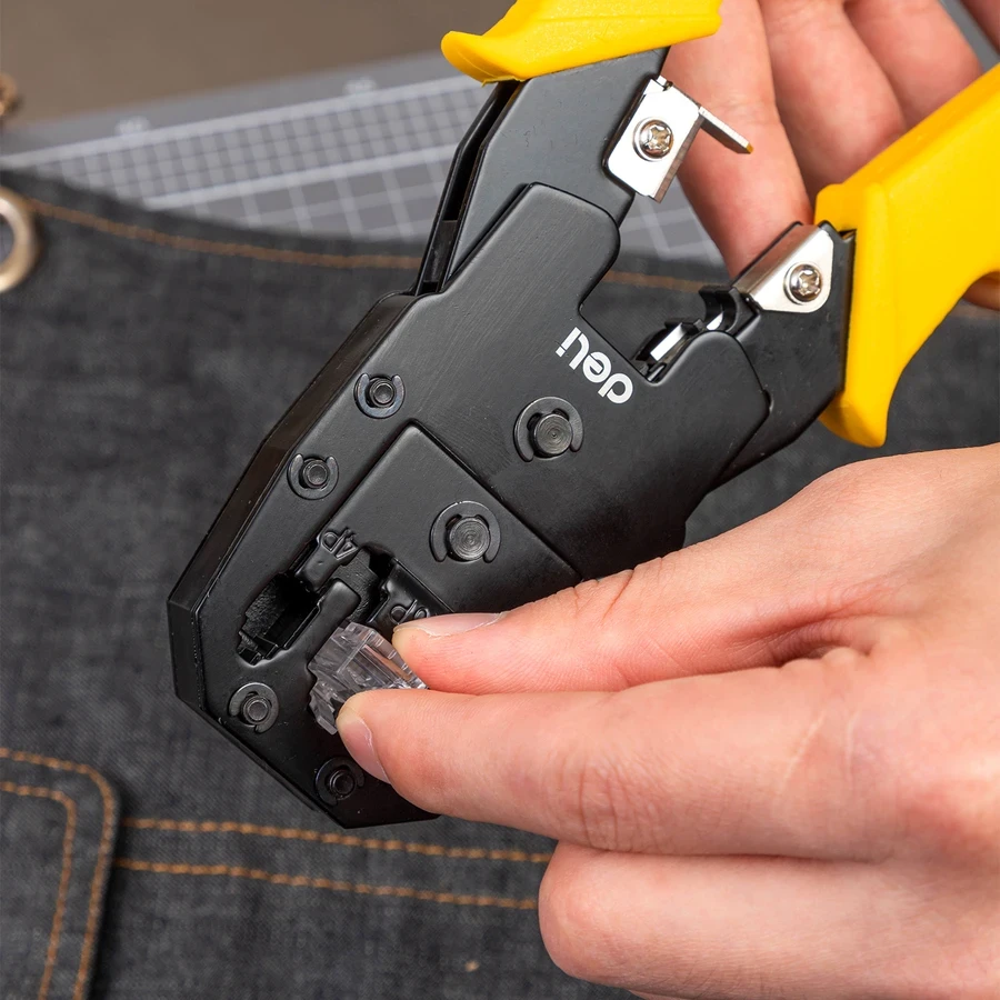 Deli Professional Ethernet Crimper 4/6/8P Multi-Function Tool for Cutting, Stripping & Crimping RJ45/RJ11 Connectors with Cold-Rolled Steel & PVC Grip (Yellow) | EDL2468