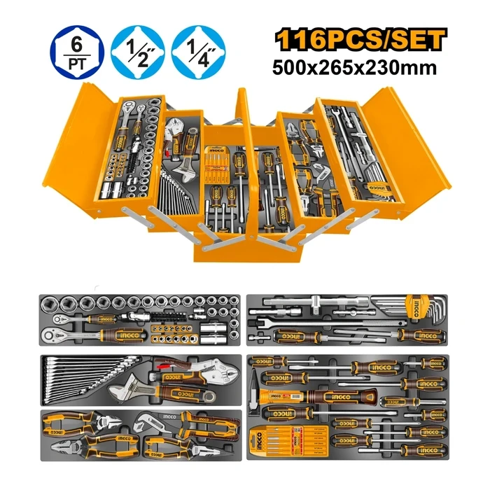 INGCO 116 Pcs Professional Tool Chest Set (1/4" & 1/2" Sockets, Go-Through Screwdrivers, High-Leverage Pliers, Pin Punches & Spanners) | HTCS261168