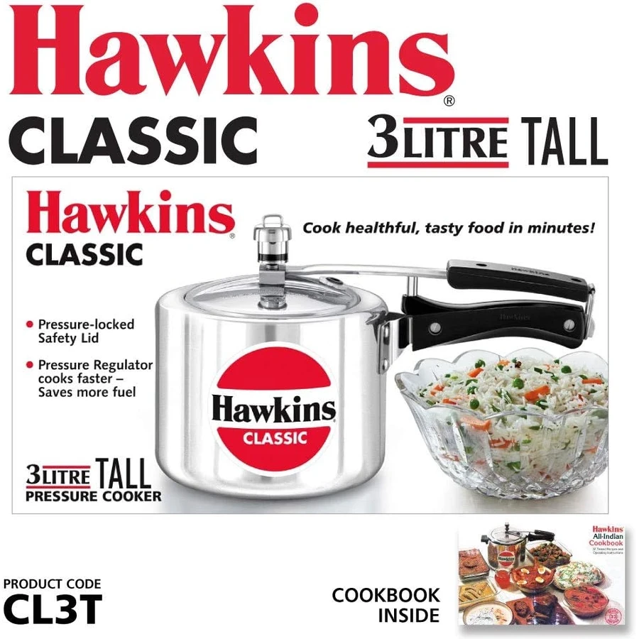 Hawkins Classic 3L Pressure Cooker | Available in Wide (CL3W) and Tall (CL3T) Variants | Pure Virgin Aluminium | Inside-Fitting Safety Lid | Silver