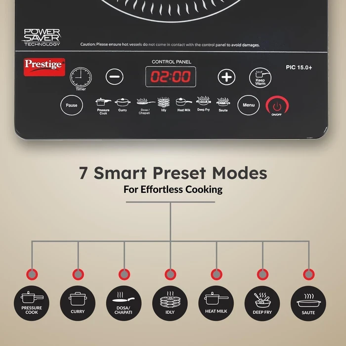 Prestige PIC 15.0+ 1900W Induction Cooktop with Automatic Voltage Controller | Feather Touch Glass Top Countertop Stove - Model 41958
