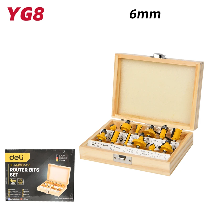 Deli 12-Piece Professional 6mm Shank TCT Woodworking Router Bits Set | Comprehensive Edge Profiling Kit with Straight, Chamfer, Round Over & V-Groove Bits in Wooden Case (Yellow) | EDH-MXD006-EH1