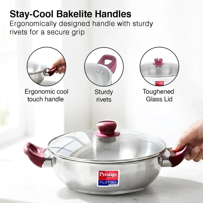 Prestige Platina Popular Stainless Steel Induction Base Kadai with Tempered Glass Lid (26 CM / 3.8L & 28 CM / 4.6L) | Gas & Induction Compatible - Model 36887 / 36888