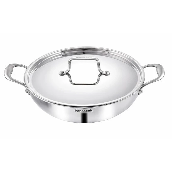 Panasonic Triply Stainless Steel Induction Base Kadai with Stainless Steel Lid (1.5L to 4.8L / 20cm to 30cm) | Fast Uniform Heating Multi-Cooktop Compatible - ND-KA Series