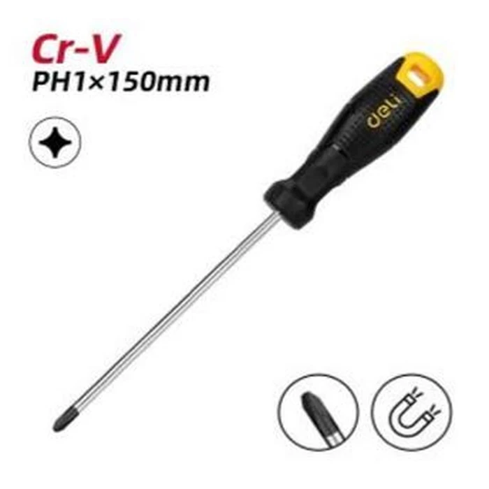 Deli PH1 x 150mm Professional Cr-V Phillips Screwdriver | Heavy-Duty Heat-Treated Round Shank Manual Driver with Precision Tip | EDL625150E