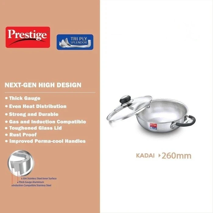Prestige Triply Splendor Stainless Steel Induction Base Kadai with Tempered Glass Lid (24 CM / 2.7L & 26 CM / 3.25L) | 3-Layer Composite Cookware - Model 37424 / 37425