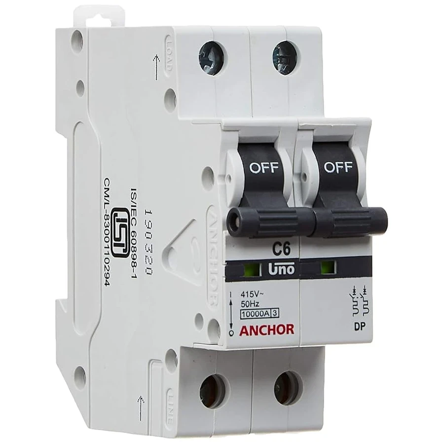 Anchor UNO DP MCB 6A 'C' Curve 98017 - Double Pole, Low Current Capacity, DIN Rail Mount Standard Circuit Breaker