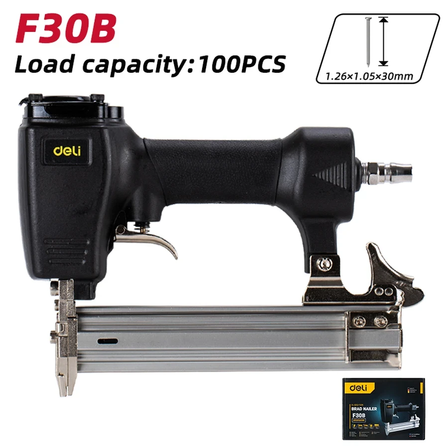 Deli Pneumatic Brad Nailer (F30B) | 10–30mm Nail Capacity 100-Nails Magazine Air Finish Tacker with Quick Ejection Nozzle & Aluminum Alloy Body (Black) | EDL-QDQ-F30B