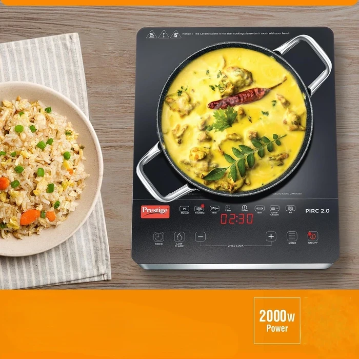 Prestige PIRC 2.0 2000W Infrared Cooktop with Grill Rack | Universal Cookware Compatible Radiant Countertop Stove - Model 42324