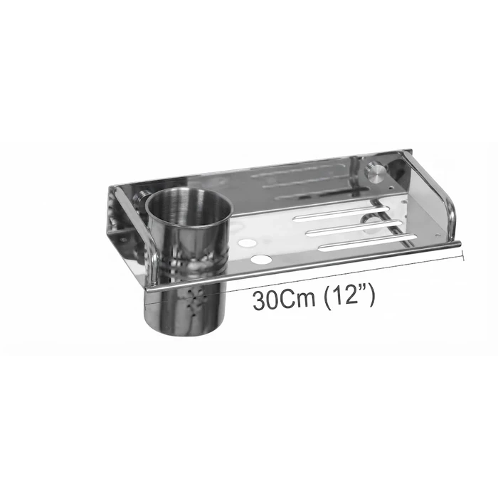 Toyo SS Heavy Straight Shelf with Tumbler Holder (12", 16" & 20" Variants) | Polished Chrome Finish | Wall-Mounted Bathroom Storage Rack | TOYO-2724