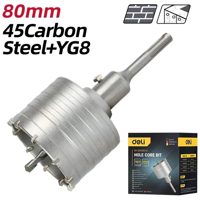 Deli Tools 80mm TCT Hole Core Bit | 220mm Length SDS-Plus Masonry Crown Drill for Concrete, Brick & Switchbox Installation | EDH-QKK080-E2
