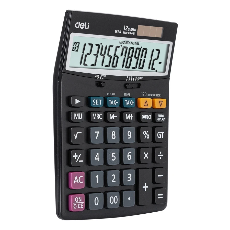 Deli 12-Digit Desktop Calculator | Tax Function (Tax+/Tax-), 120 Steps Check & Correct, Metal Finish (Black) | E1630