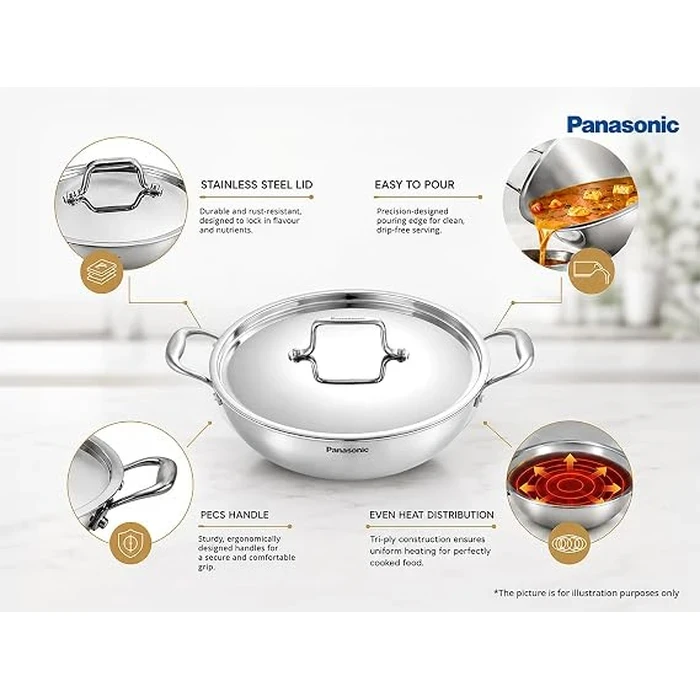 Panasonic Triply Stainless Steel Induction Base Kadai with Stainless Steel Lid (1.5L to 4.8L / 20cm to 30cm) | Fast Uniform Heating Multi-Cooktop Compatible - ND-KA Series