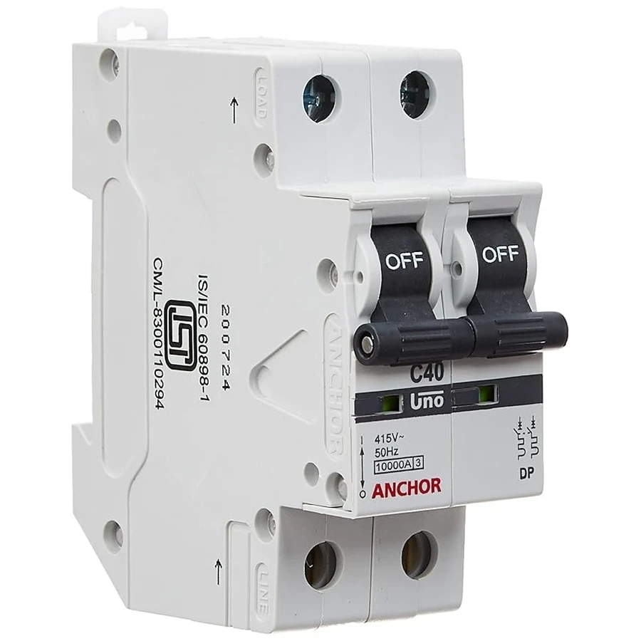 Anchor UNO DP MCB 40A 'C' Curve 98023 - Double Pole, Medium High Current Capacity, Clamp Mount Standard Circuit Breaker