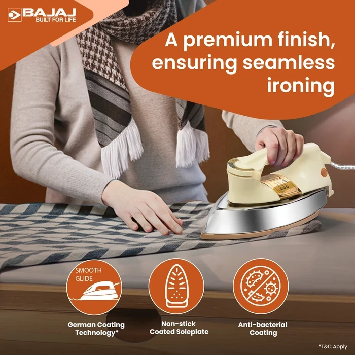 Bajaj 1000W Heavy Weight Dry Iron | DuraGlide German Non-Stick Soleplate, Denim Mode & 360-Degree Swivel Cord | Majesty DHX 9 - 440154