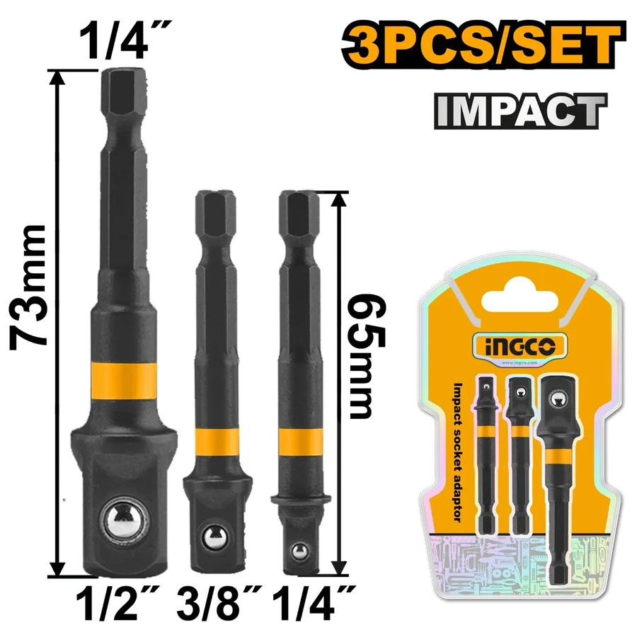 INGCO 3-Piece Impact Socket Adapter Set | 1/4" Hex to Square Drive | AMN365A01