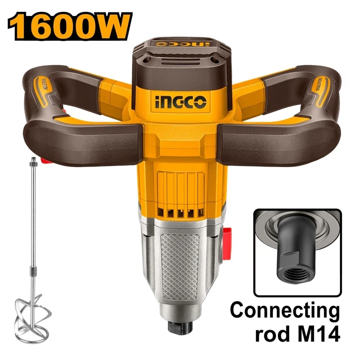 INGCO 1600W Heavy-Duty Electric Paint & Mortar Mixer (2-Speed Aluminum Gearbox, M14 Thread, 0–800 RPM) with Mixing Paddle | MX516006
