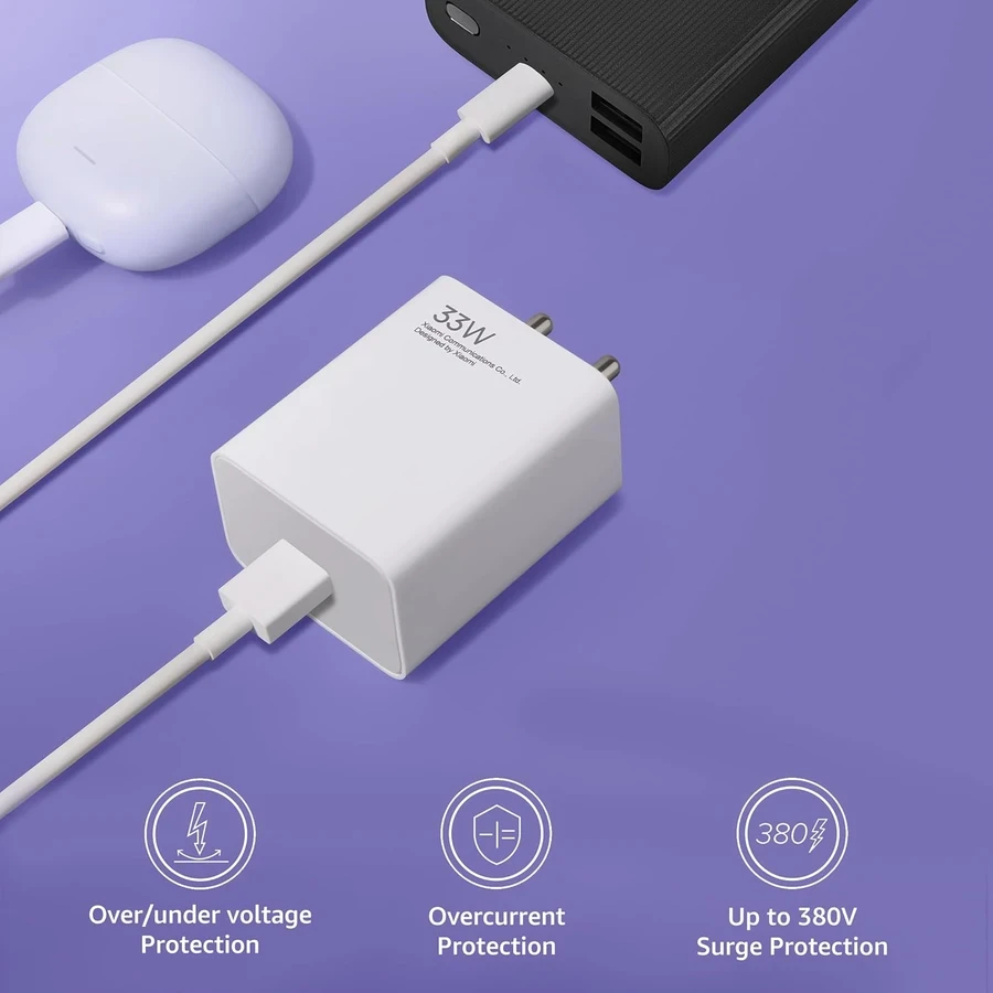 Mi 33W Sonic Charger 2.0 Combo MDY-11-EL - Fast Charging Adapter with 100cm Type C Cable, Safety Protection (White)