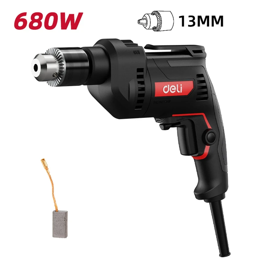 Deli 680W Professional 13mm Impact Drill | 48,000 BPM Pure Copper Motor with Stepless Speed Control, Dual Mode & Keyed Chuck (Red) | EDE-CZ13-1E