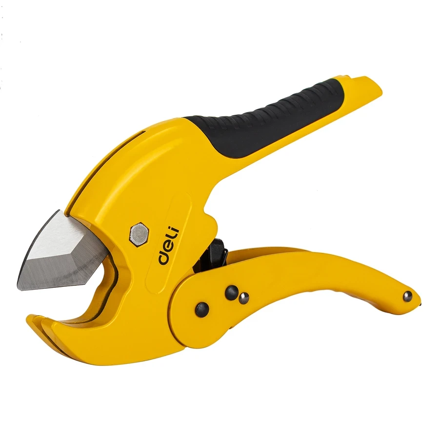 Deli 42mm Professional Ratchet Pipe Cutter | Heavy-Duty 3Cr13 Stainless Steel Rust-Proof Blade PVC/PPR Shears with Aluminum Alloy Body | EDL2507 (Yellow)