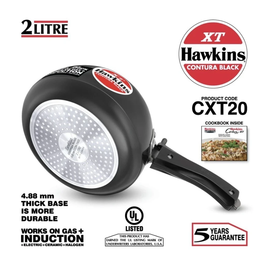 Hawkins CXT20 2L Contura Black XT Pressure Cooker | Hard Anodised Body | Induction Base | Stainless Steel Lid | Black