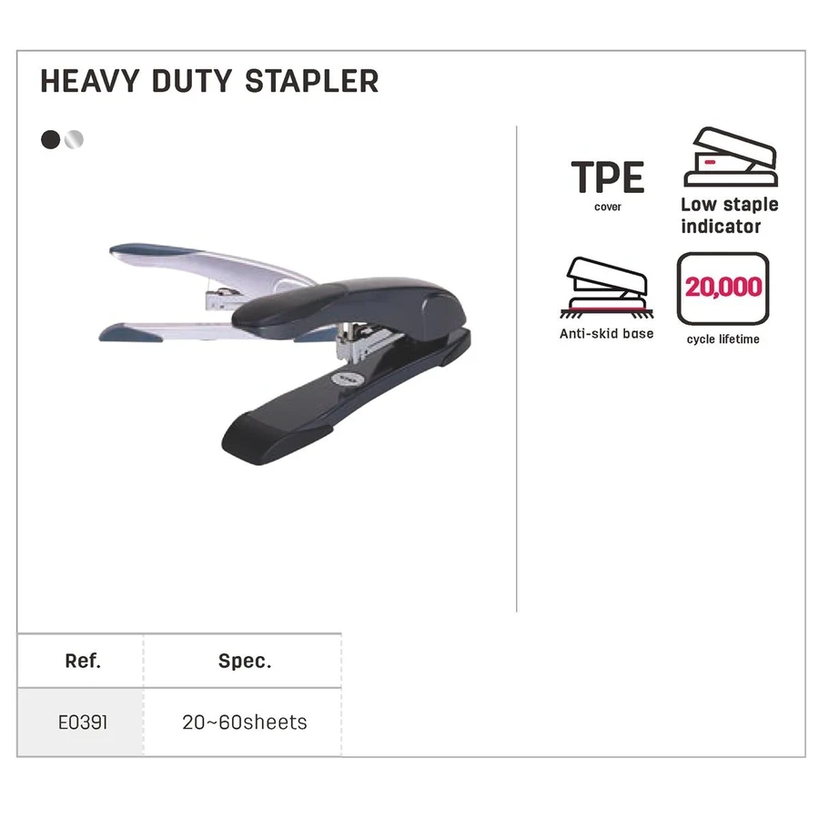 Deli Heavy-Duty 60-Sheet Desktop Stapler | All-Metal Construction, 60mm Adjustable Depth & TPE Comfort Handle (Black) | E0391