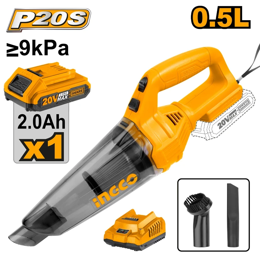 INGCO 20V Professional Cordless Handheld Vacuum Cleaner with Washable Filter & Multi-Nozzle Attachment Set | CVLI20126