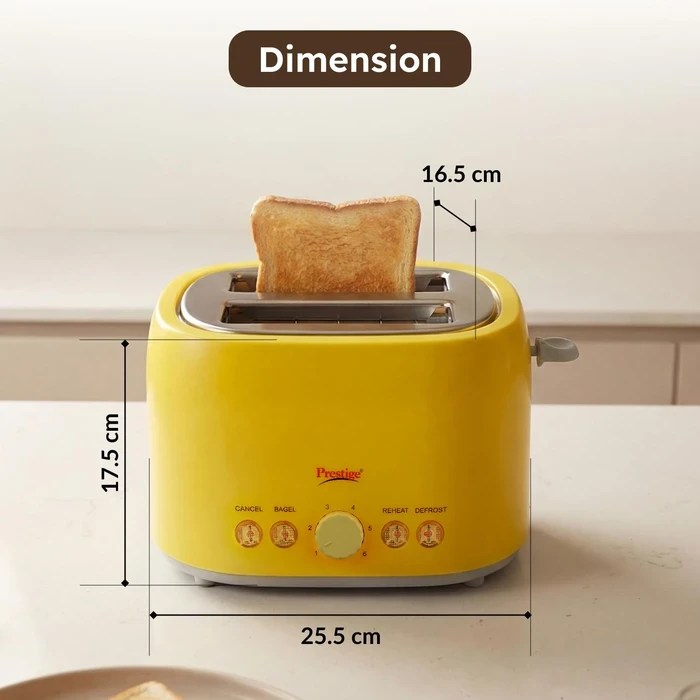 Prestige PPTPKY 850W 2-Slice Pop-Up Toaster with 6 Browning Levels & Defrost/Reheat Functions | Cool-Touch Yellow Body - Model 41703