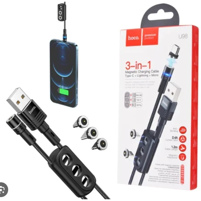 HOCO Sunway Multi-Functional Magnetic Charging Cable | 3-in-1 Universal Logic | 2.4A Power Matrix | U98