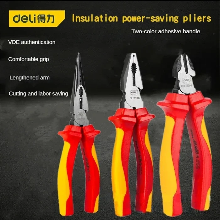 Deli 3PC Professional VDE Insulated Pliers Set | Heavy-Duty 1000V Shock Protection Chrome Vanadium Steel Pliers Kit for Electricians & Industrial Maintenance | EDL512003T