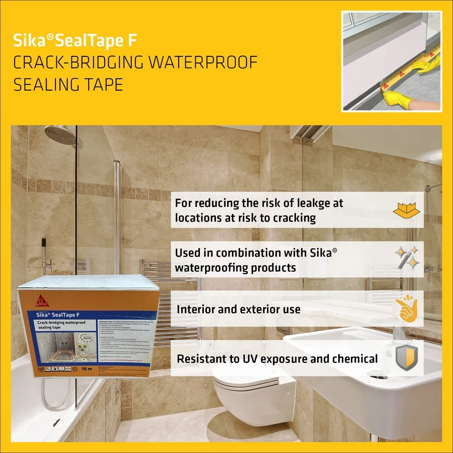 Sika Sika SealTape F Waterproof Joint Sealing Strip 10m to 50m 592178 | Elastomeric Crack Bridging | Bathroom and Terrace Waterproofing | Yellow and Brown