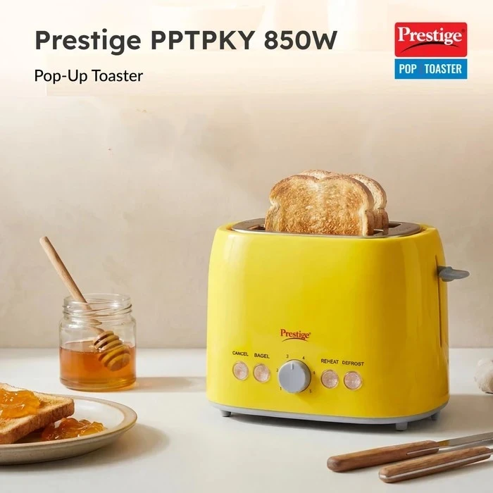 Prestige PPTPKY 850W 2-Slice Pop-Up Toaster with 6 Browning Levels & Defrost/Reheat Functions | Cool-Touch Yellow Body - Model 41703